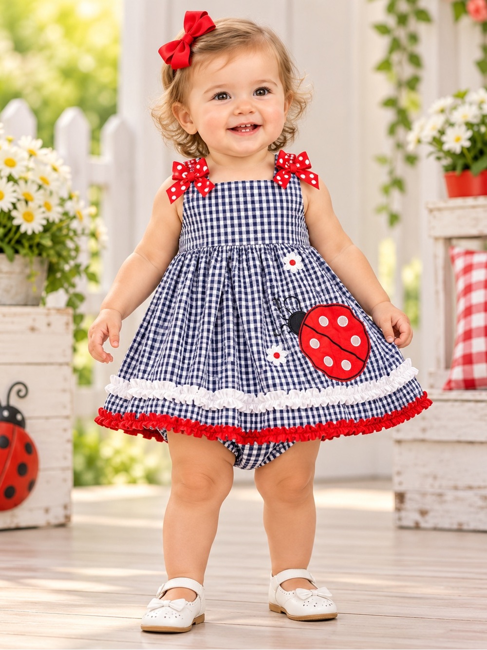 Emily Rose Baby Girl 12M Ladybug Gingham Dress Bloomers Red Bow 3PC NWT - Picture 1 of 12